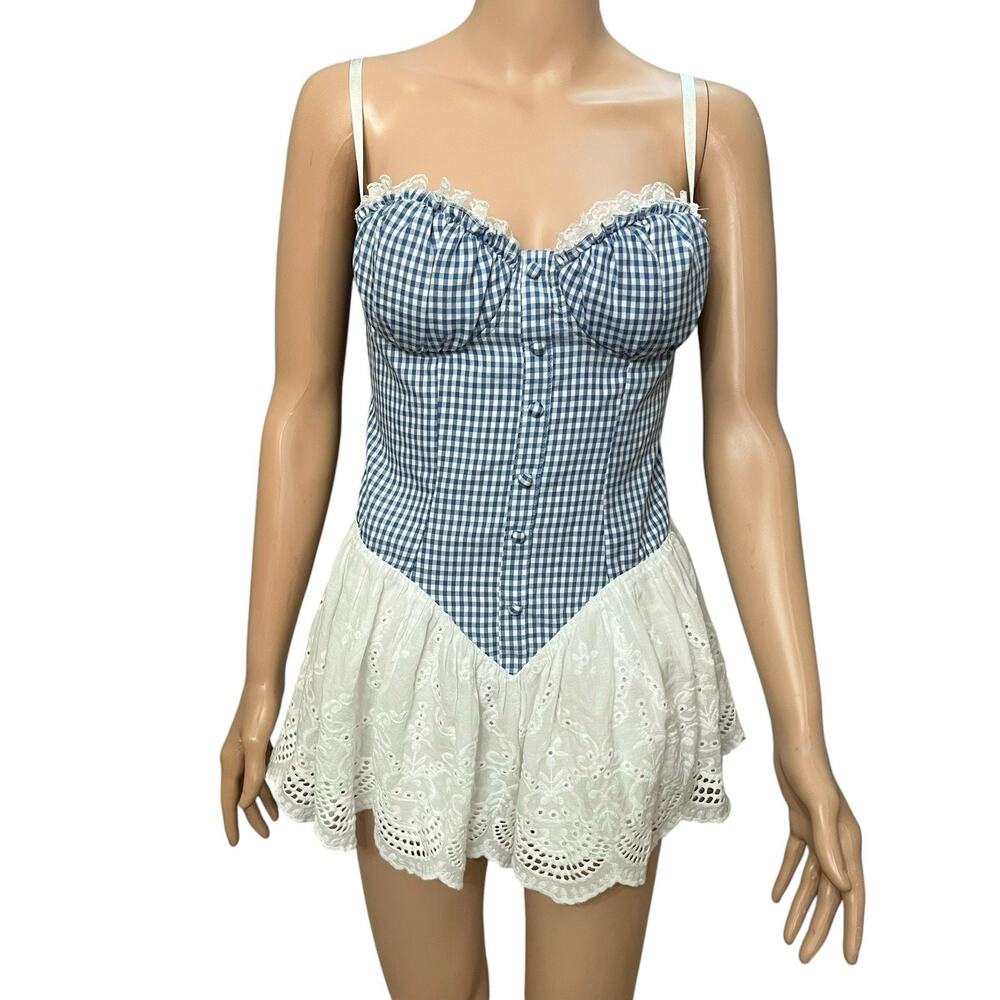 Fashion Nova Halie Gingham Romper Medium Eyelet Western Cowgirl Pinup Lace Up